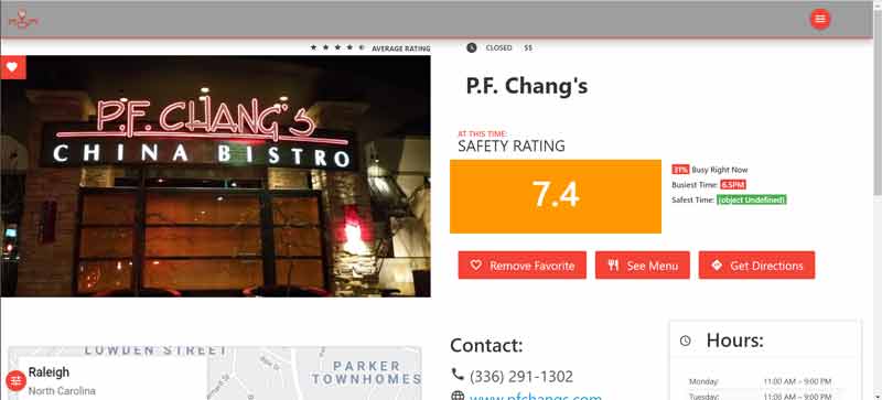 Restaurant Details view of the Informed Diner application, displaying P.F. Chang's restaurant as well as Safety Rating, and page details from the Informed Diner application.